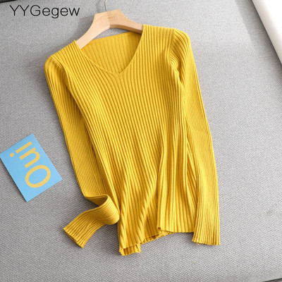 Osnovni jednobojni jesenski zimski pulover s V-izrezom Ženski tanki pleteni pulover dugih rukava Badycon pulover jeftin