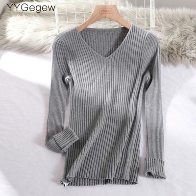 Osnovni jednobojni jesenski zimski pulover s V-izrezom Ženski tanki pleteni pulover dugih rukava Badycon pulover jeftin