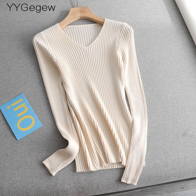 Osnovni jednobojni jesenski zimski pulover s V-izrezom Ženski tanki pleteni pulover dugih rukava Badycon pulover jeftin