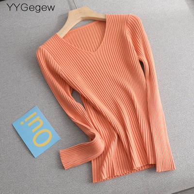 Osnovni jednobojni jesenski zimski pulover s V-izrezom Ženski tanki pleteni pulover dugih rukava Badycon pulover jeftin