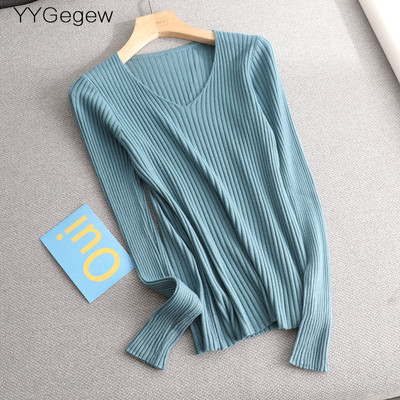 Osnovni jednobojni jesenski zimski pulover s V-izrezom Ženski tanki pleteni pulover dugih rukava Badycon pulover jeftin