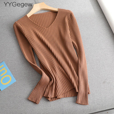 Osnovni jednobojni jesenski zimski pulover s V-izrezom Ženski tanki pleteni pulover dugih rukava Badycon pulover jeftin