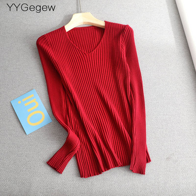 Osnovni jednobojni jesenski zimski pulover s V-izrezom Ženski tanki pleteni pulover dugih rukava Badycon pulover jeftin