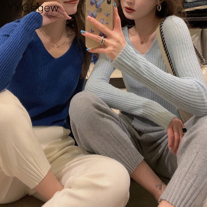 Osnovni jednobojni jesenski zimski pulover s V-izrezom Ženski tanki pleteni pulover dugih rukava Badycon pulover jeftin