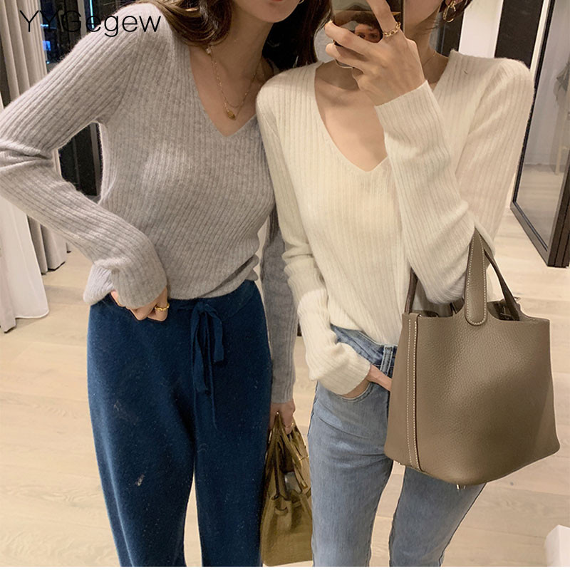 Osnovni jednobojni jesenski zimski pulover s V-izrezom Ženski tanki pleteni pulover dugih rukava Badycon pulover jeftin