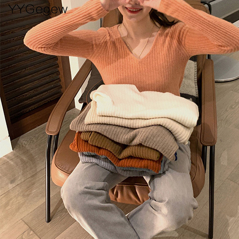 Osnovni jednobojni jesenski zimski pulover s V-izrezom Ženski tanki pleteni pulover dugih rukava Badycon pulover jeftin