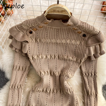 Neploe Stand Neck Едноцветни пуловери с дълъг ръкав 2023 Vintage Jersey Mujer Pull Femme Издълбани волани Пачуърк джъмпери