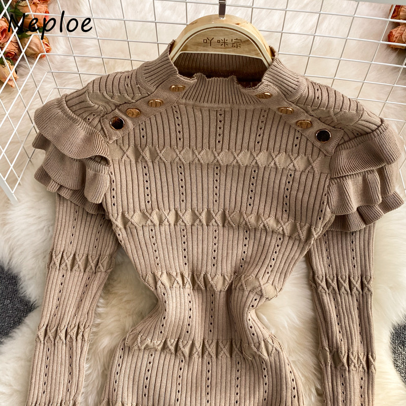 Neploe kaelusega ühevärvilised pikkade varrukatega kampsunid, 2023. aasta vintage kampsun, Mujer pull Femme õõnsad volangid lapiga džemprid