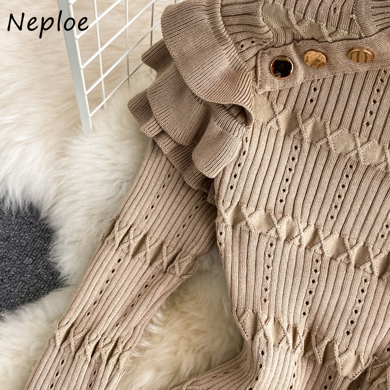 Neploe kaelusega ühevärvilised pikkade varrukatega kampsunid, 2023. aasta vintage kampsun, Mujer pull Femme õõnsad volangid lapiga džemprid