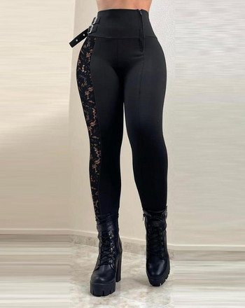 Σέξι γυναικεία παντελόνια 2022 Μόδα με μονόχρωμη αγκράφα με δαντέλα με αντίθεση Παντελόνι με ψηλή μέση, φθινόπωρο 2022