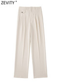 Zevity Ženske modne prednje nabore s dizajnom Ležerne ravne hlače Ženske hlače s patentnim zatvaračem s kratkim džepovima Pantalones Mujer hlače P2502