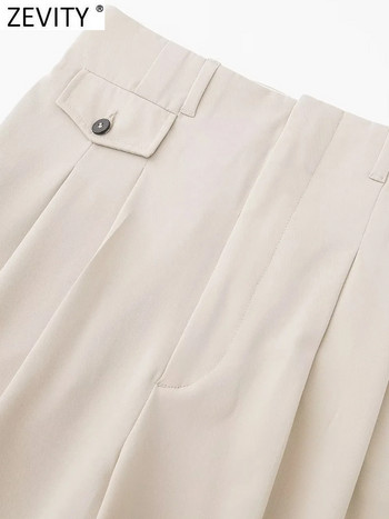 Zevity Γυναικεία μόδα Μπροστινές πιέτες Σχέδιο Casual ίσιο παντελόνι Γυναικείο παντελόνι με φερμουάρ Fly Pocket Παντελόνι Pantalones Mujer P2502