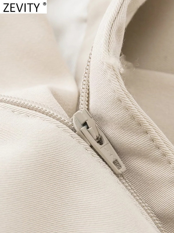 Zevity Ženske modne prednje nabore s dizajnom Ležerne ravne hlače Ženske hlače s patentnim zatvaračem s kratkim džepovima Pantalones Mujer hlače P2502