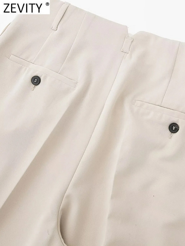 Zevity Ženske modne prednje nabore s dizajnom Ležerne ravne hlače Ženske hlače s patentnim zatvaračem s kratkim džepovima Pantalones Mujer hlače P2502