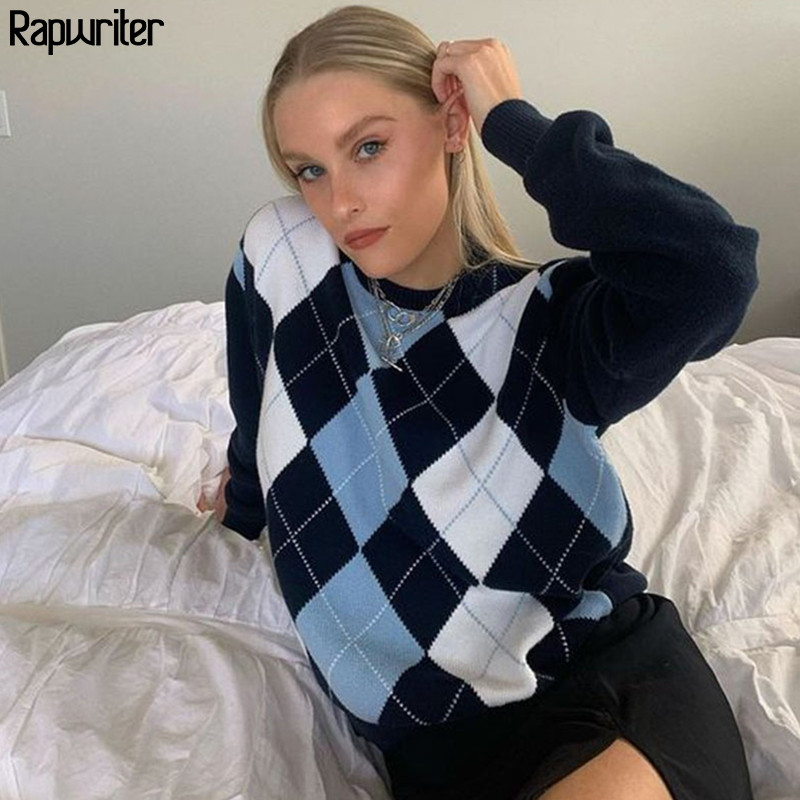 Geometrijski pleteni pulover u engleskom stilu Argyle Ženski modni karirani jesenski 2020. Topli starinski pulover dugih rukava, džemperi