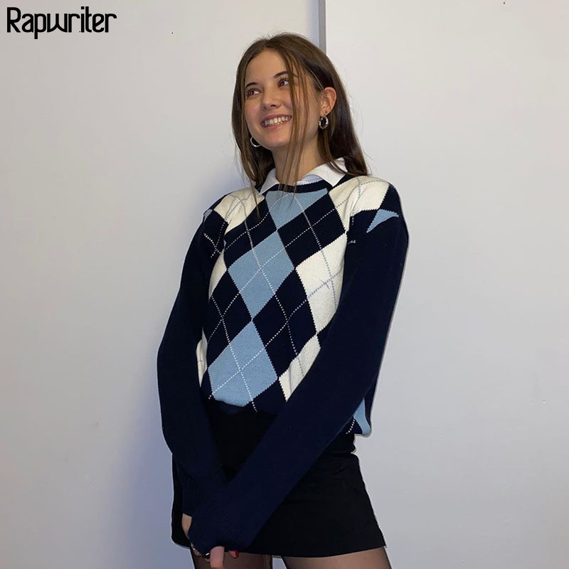 Geometrijski pleteni pulover u engleskom stilu Argyle Ženski modni karirani jesenski 2020. Topli starinski pulover dugih rukava, džemperi