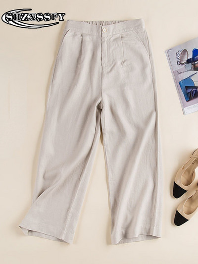 Ženske hlače Pamuk i 100% lan Nove labave Capris hlače širokih nogavica Ženske ležerne ravne ljetne ženske sportske hlače visokog struka