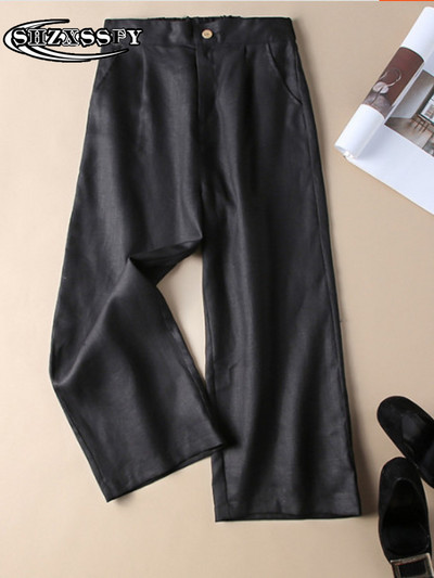 Ženske hlače Pamuk i 100% lan Nove labave Capris hlače širokih nogavica Ženske ležerne ravne ljetne ženske sportske hlače visokog struka