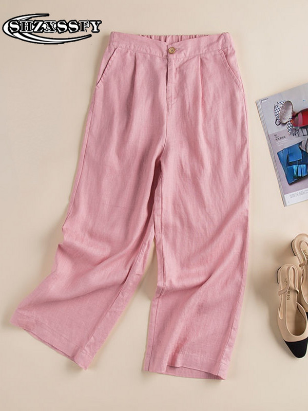 Ženske hlače Pamuk i 100% lan Nove labave Capris hlače širokih nogavica Ženske ležerne ravne ljetne ženske sportske hlače visokog struka