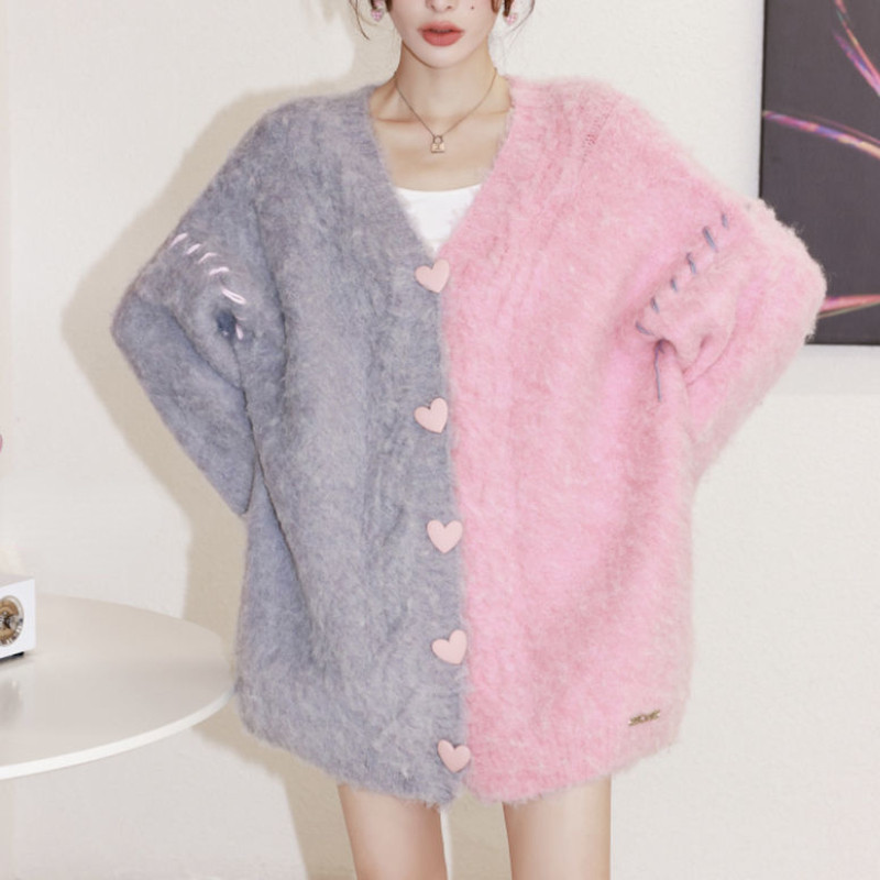 Slatki kardigani Ženski dugmad na dugmad Labavi nježni patchwork Jesenski šik modni dugi stilski mekani džemperi obloženi ležerni prikladni