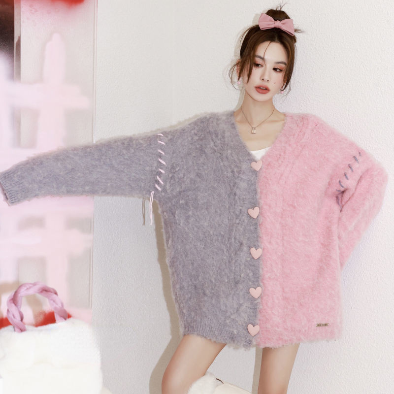 Slatki kardigani Ženski dugmad na dugmad Labavi nježni patchwork Jesenski šik modni dugi stilski mekani džemperi obloženi ležerni prikladni