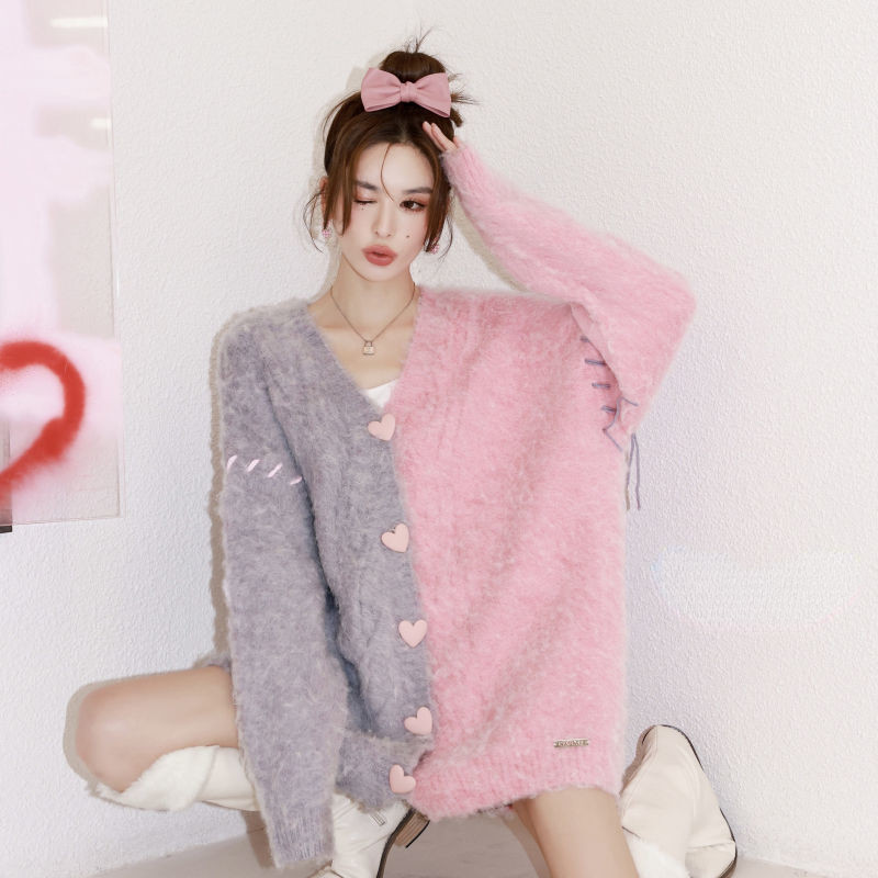 Slatki kardigani Ženski dugmad na dugmad Labavi nježni patchwork Jesenski šik modni dugi stilski mekani džemperi obloženi ležerni prikladni