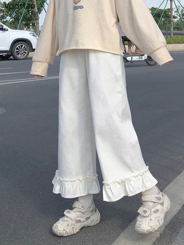 Široke hlače visokog struka sa slatkim volanima Ženske elastične hlače u struku Ležerne jednobojne studentske hlače širokih nogavica Japanske kawaii hlače za djevojke