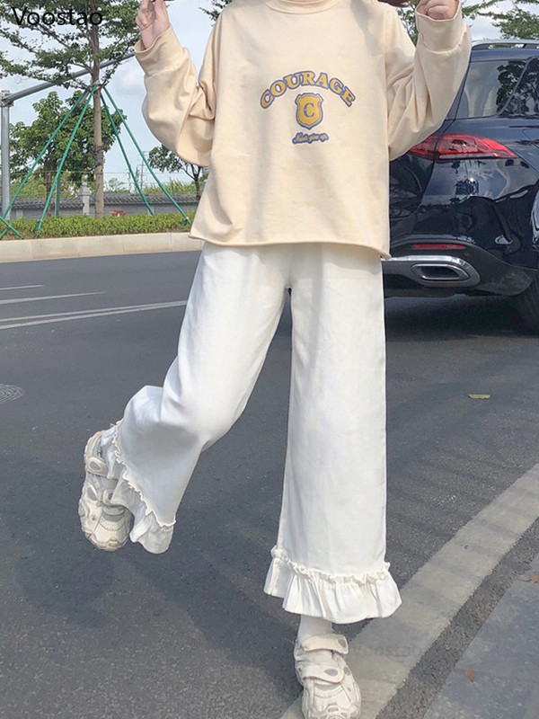 Široke hlače visokog struka sa slatkim volanima Ženske elastične hlače u struku Ležerne jednobojne studentske hlače širokih nogavica Japanske kawaii hlače za djevojke