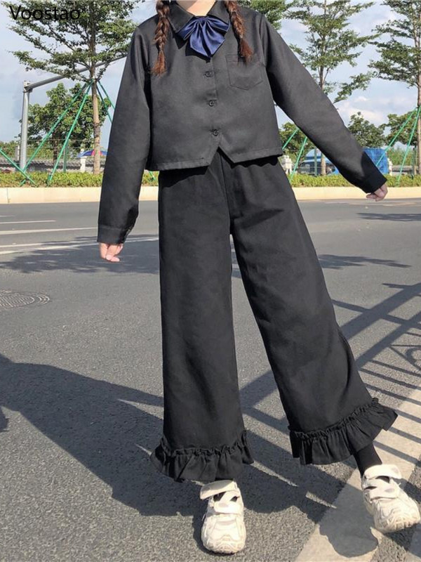 Široke hlače visokog struka sa slatkim volanima Ženske elastične hlače u struku Ležerne jednobojne studentske hlače širokih nogavica Japanske kawaii hlače za djevojke