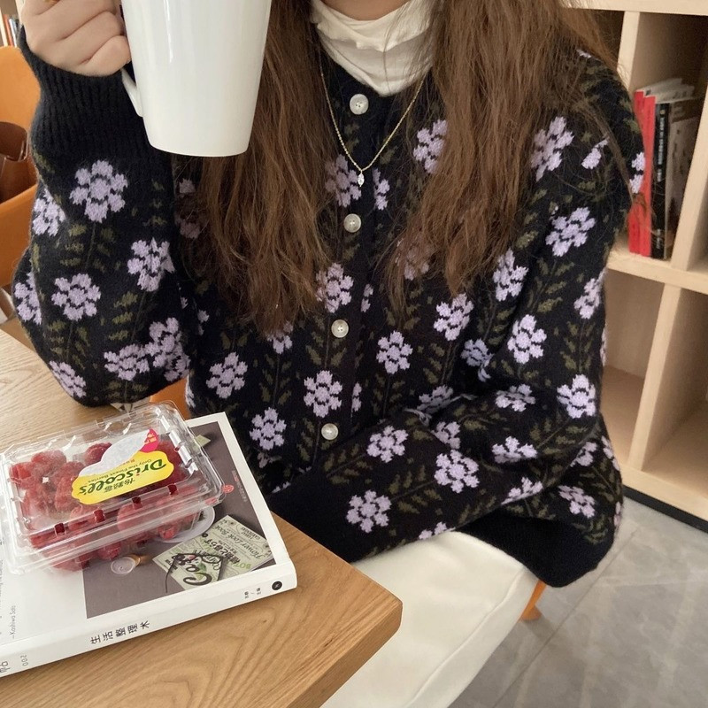 Ženski kardigan s printom Ženski proljetni korejski stil s okruglim izrezom i dugim rukavima Slatka za slobodno vrijeme Udobna pletena gornja odjeća u stilu vintage
