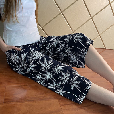 Ženske ljetne hlače od umjetne pamučne svile, široke hlače za plažu s tankim printom, kućne meke pidžame, ležerne hlače širokih nogavica, ženske XL