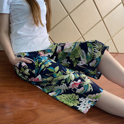 Ženske ljetne hlače od umjetne pamučne svile, široke hlače za plažu s tankim printom, kućne meke pidžame, ležerne hlače širokih nogavica, ženske XL