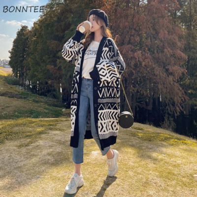 Ženski kardigan Vintage dugi stil Sveobuhvatno pletenje Ležeran Ulzzang High Street Par Jesen Minimalistički V-izrez Elegantan Opušten