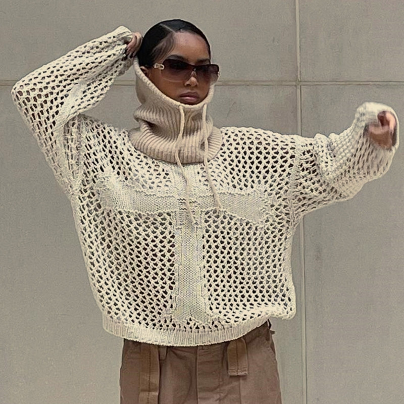 Γυναικεία μακρυμάνικα πλεκτά μπλουζάκια Φαρδιά μασίφ λεπτό πλεκτό πουλόβερ Εξαιρετικό μπλουζάκι μπλουζάκι ρετρό σταυρωτό πουλόβερ