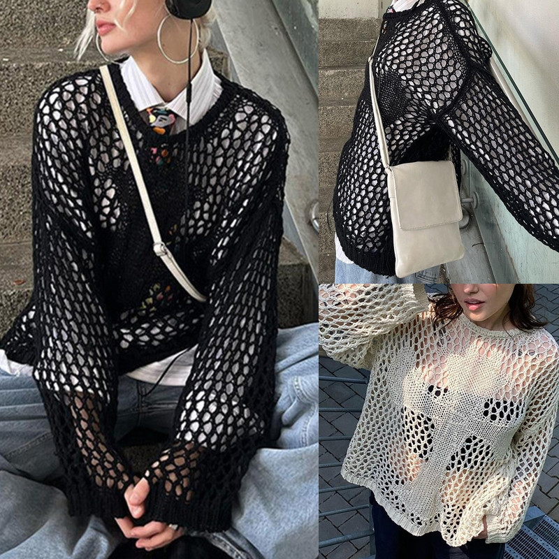 Γυναικεία μακρυμάνικα πλεκτά μπλουζάκια Φαρδιά μασίφ λεπτό πλεκτό πουλόβερ Εξαιρετικό μπλουζάκι μπλουζάκι ρετρό σταυρωτό πουλόβερ