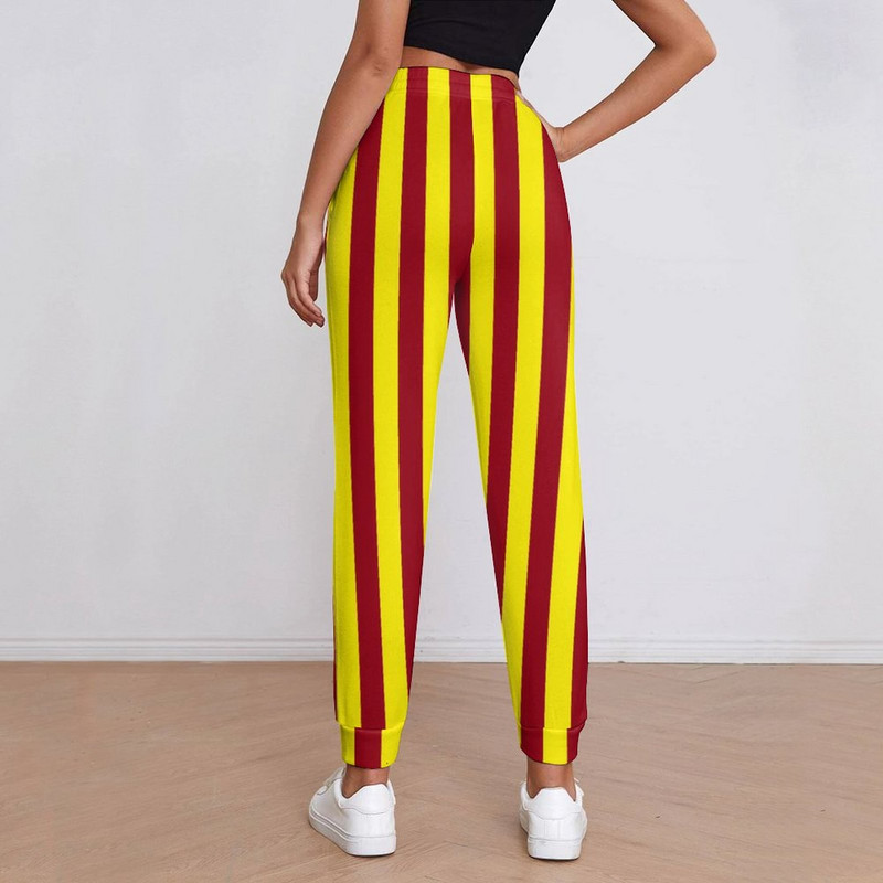 Vertikaalsed triibulised püksid naiste Burgundia ja kollased hiphopi dressipüksid kevadised moodsa disainiga püksid, suur suurus 2XL