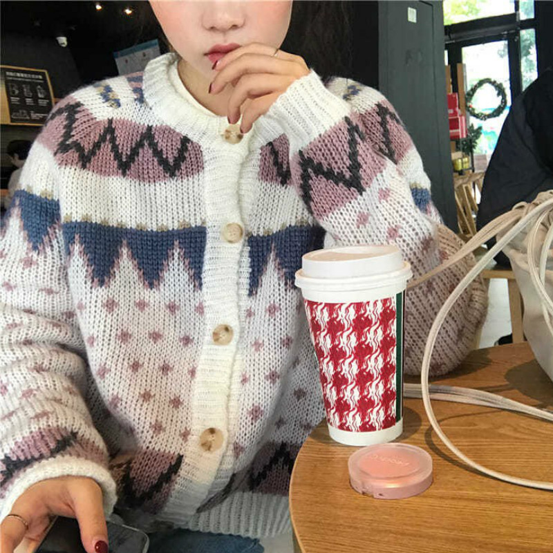 Božićni pulover Ženski šik korejski modni ljupki retro jednoredni kopčani pleteni gornji dio odjeće Raznovrsni vintage ženski kardigan