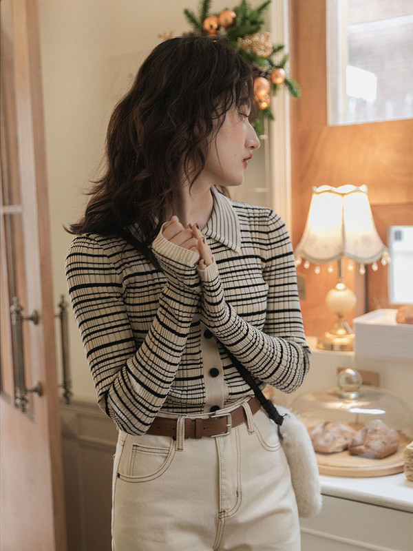 Ženski pleteni uski kardigani za uredske dame u trendu, jednostavni vintage stil, prugasti, elegantni, klasični, univerzalni, osnovni džemperi, ženski