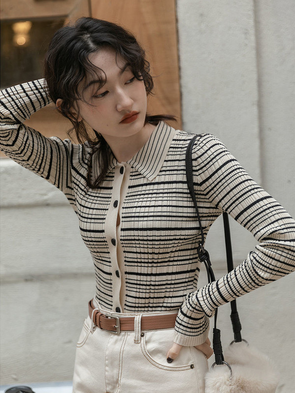 Ženski pleteni uski kardigani za uredske dame u trendu, jednostavni vintage stil, prugasti, elegantni, klasični, univerzalni, osnovni džemperi, ženski