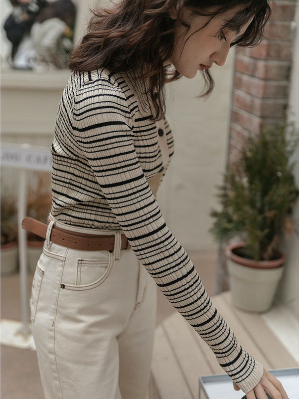 Ženski pleteni uski kardigani za uredske dame u trendu, jednostavni vintage stil, prugasti, elegantni, klasični, univerzalni, osnovni džemperi, ženski