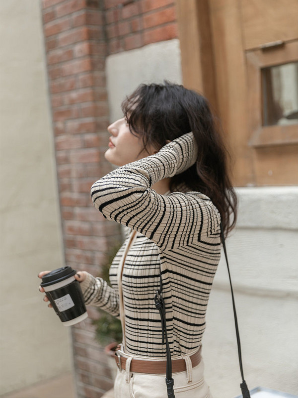 Ženski pleteni uski kardigani za uredske dame u trendu, jednostavni vintage stil, prugasti, elegantni, klasični, univerzalni, osnovni džemperi, ženski