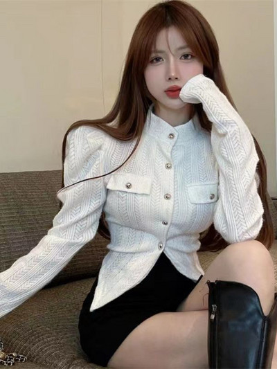 Apkarpyti megztiniai Moteriški Elegantiški moteriški ploni vintažiniai prancūziško stiliaus estetiški drabužiai Nauji rudeniniai, miela pūkuota rankovė Paprasta Populiaru