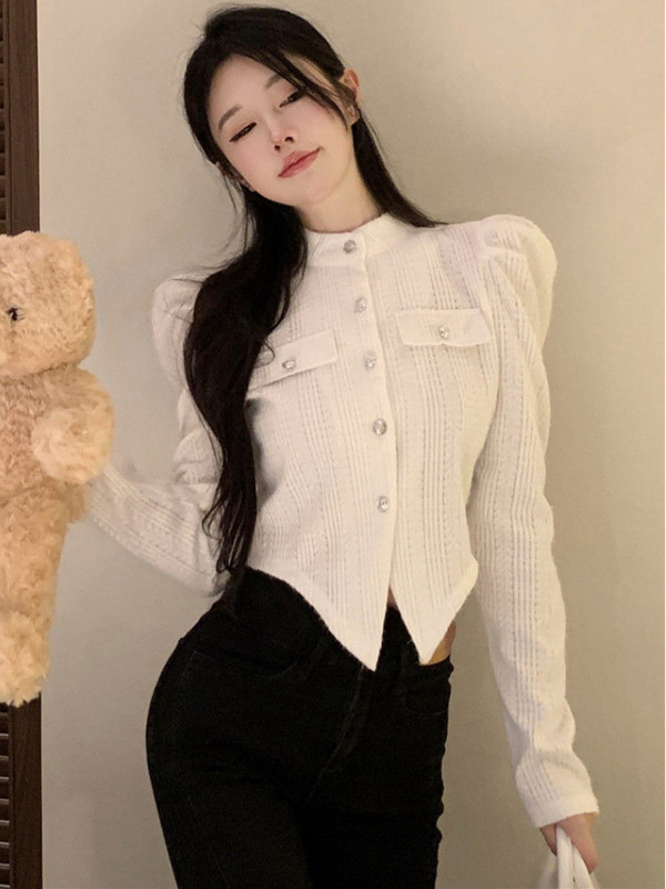 Apkarpyti megztiniai Moteriški Elegantiški moteriški ploni vintažiniai prancūziško stiliaus estetiški drabužiai Nauji rudeniniai, miela pūkuota rankovė Paprasta Populiaru