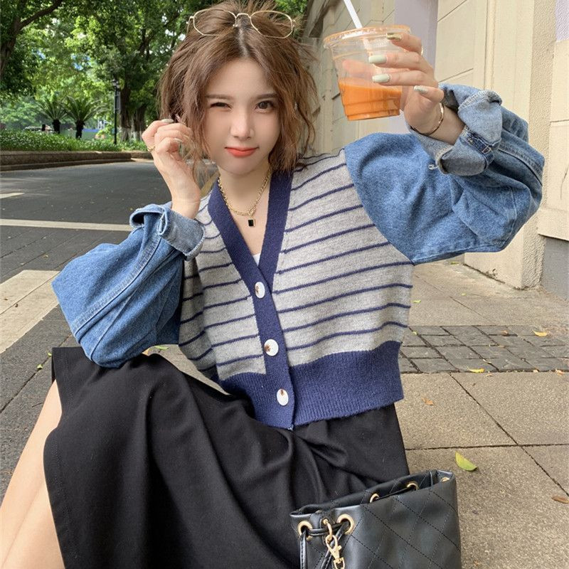 Y2K Skraćeni kardigan s V-izrezom dugih rukava Ženski džemperi Vintage korejski stil Chic Trendy pletena odjeća Elegantna patchwork mekana