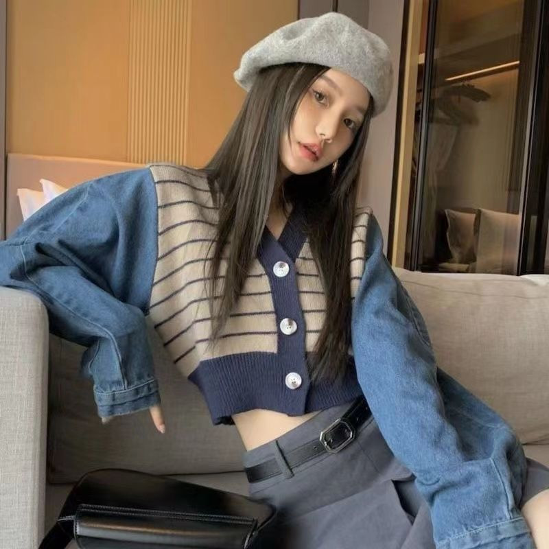 Y2K Skraćeni kardigan s V-izrezom dugih rukava Ženski džemperi Vintage korejski stil Chic Trendy pletena odjeća Elegantna patchwork mekana