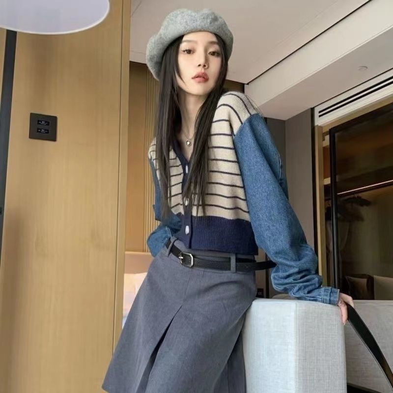 Y2K Skraćeni kardigan s V-izrezom dugih rukava Ženski džemperi Vintage korejski stil Chic Trendy pletena odjeća Elegantna patchwork mekana