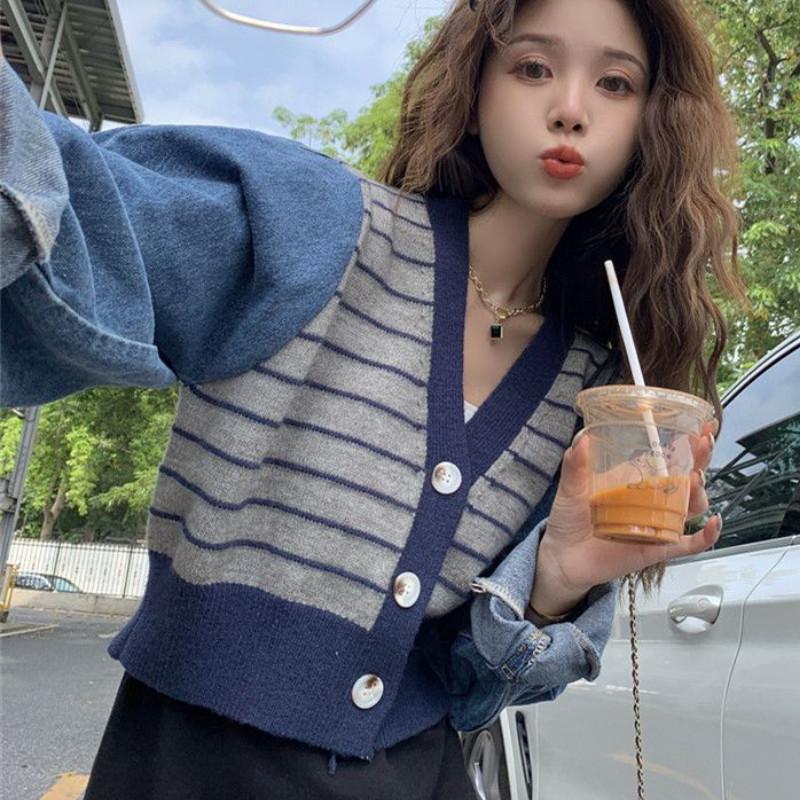 Y2K Skraćeni kardigan s V-izrezom dugih rukava Ženski džemperi Vintage korejski stil Chic Trendy pletena odjeća Elegantna patchwork mekana