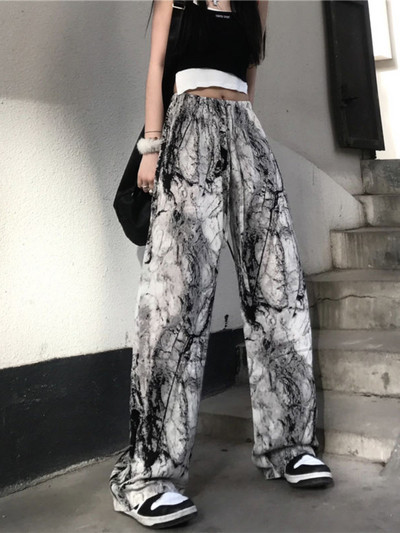 HOUZHOU Hippie Gotic Tie Dye Pantaloni fluidi negri pentru femei Harajuku Stil coreean Pantaloni supradimensionați cu picioare largi Pantaloni de trening largi pentru femei