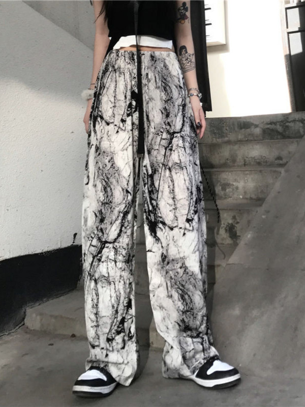 HOUZHOU Hippie Gothic Tie Dye crne fluidne hlače Ženske harajuku korejske hlače prekomjernih širokih nogavica Ženske široke trenirke