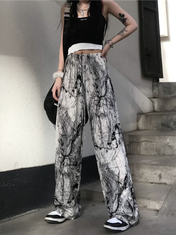 HOUZHOU Hippie Gothic Tie Dye crne fluidne hlače Ženske harajuku korejske hlače prekomjernih širokih nogavica Ženske široke trenirke